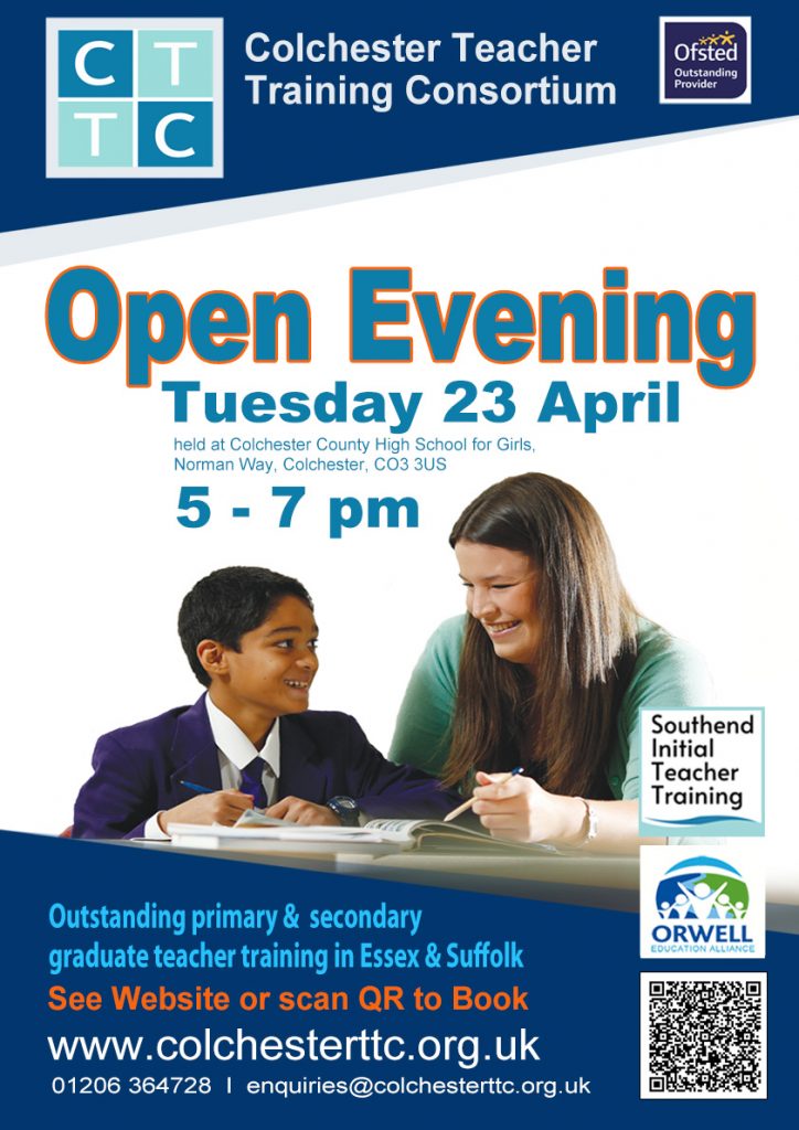 CTTC Open Evening Tuesday 23 April 5-7pm
Colchester County High School for Girls
Norman Way
Colchester
CO3 3US